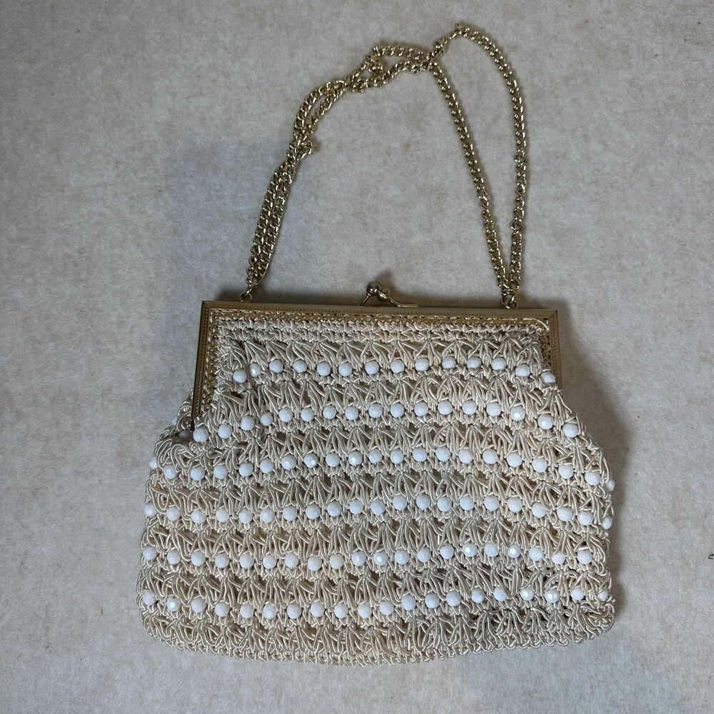 Vintage Made in Italy White Beaded Crochet Evening Bag Kiss Lock Chain Strap